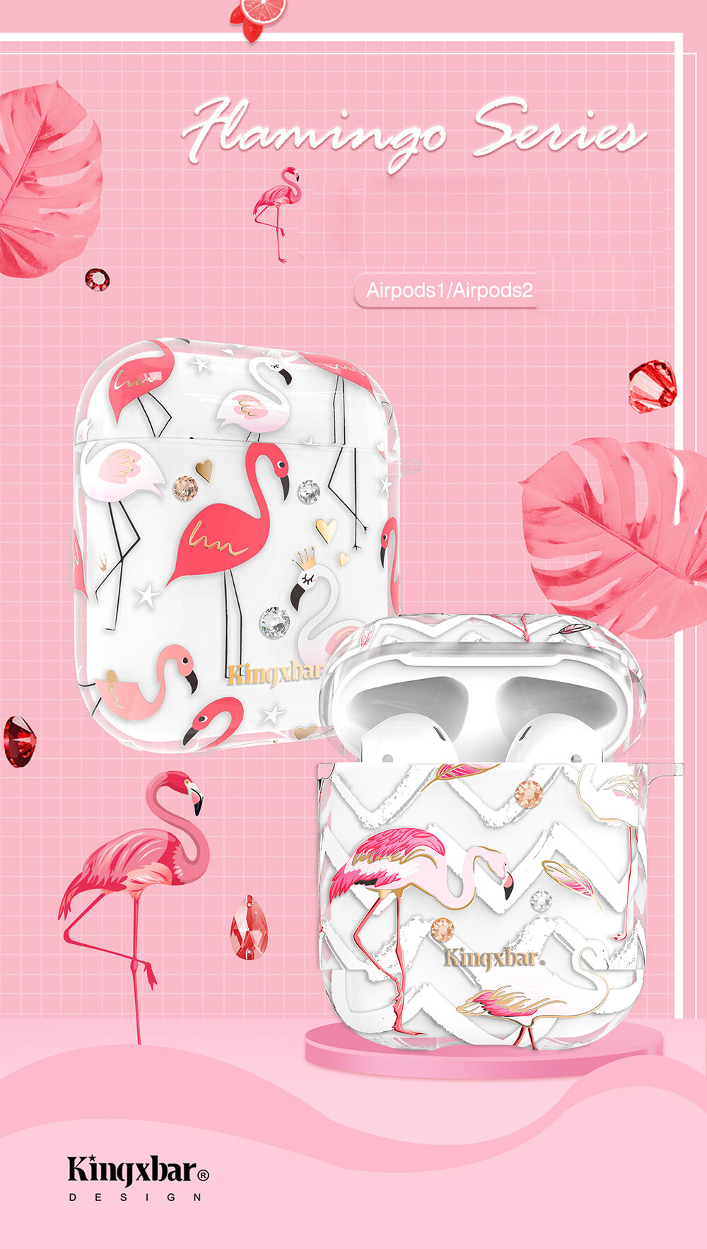 Kingxbar heldere cover met strass steentjes AirPods 1 / 2 - kleurrijke flamingo's