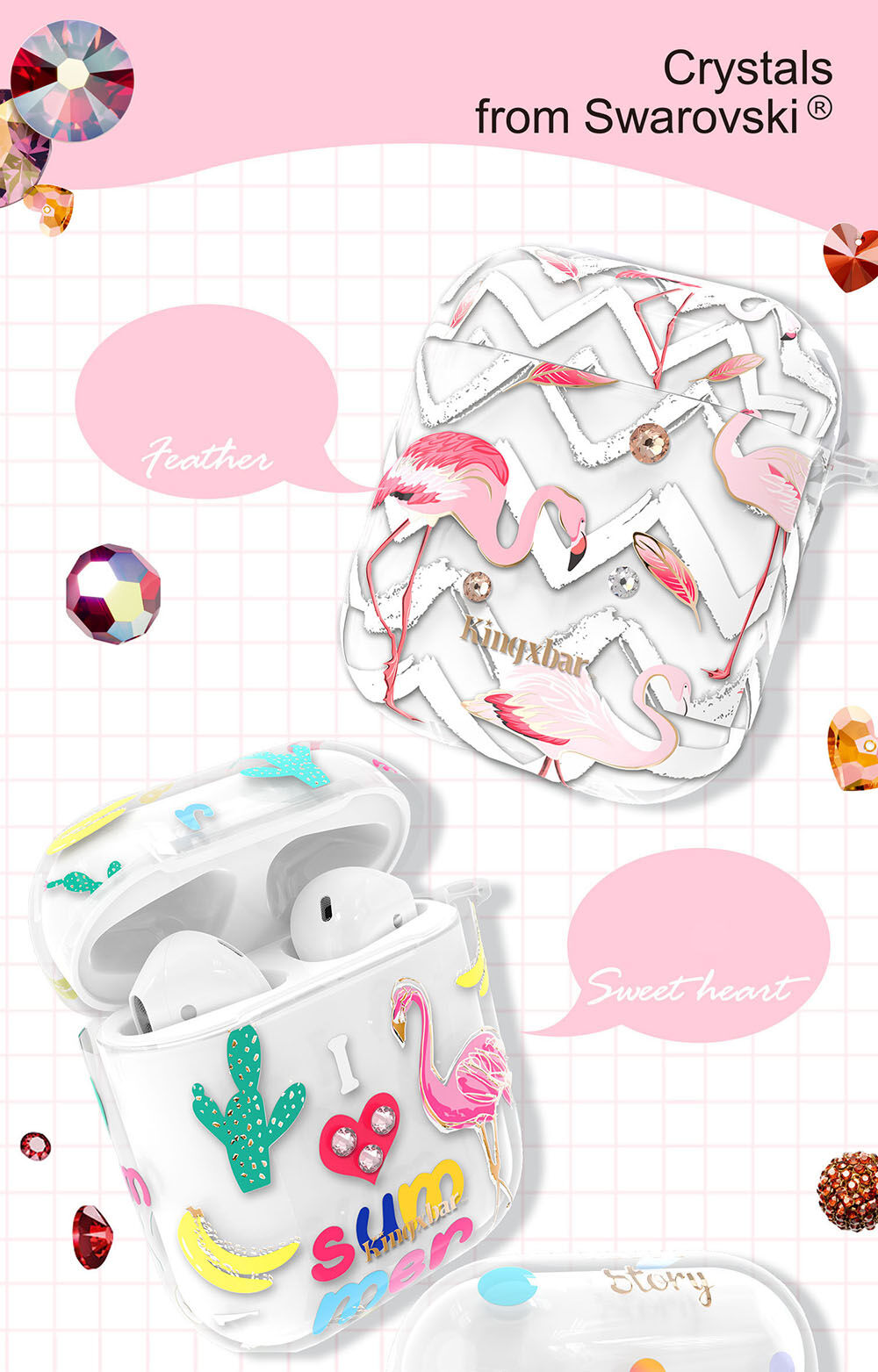 Kingxbar heldere cover met strass steentjes AirPods 1 / 2 - kleurrijke flamingo's