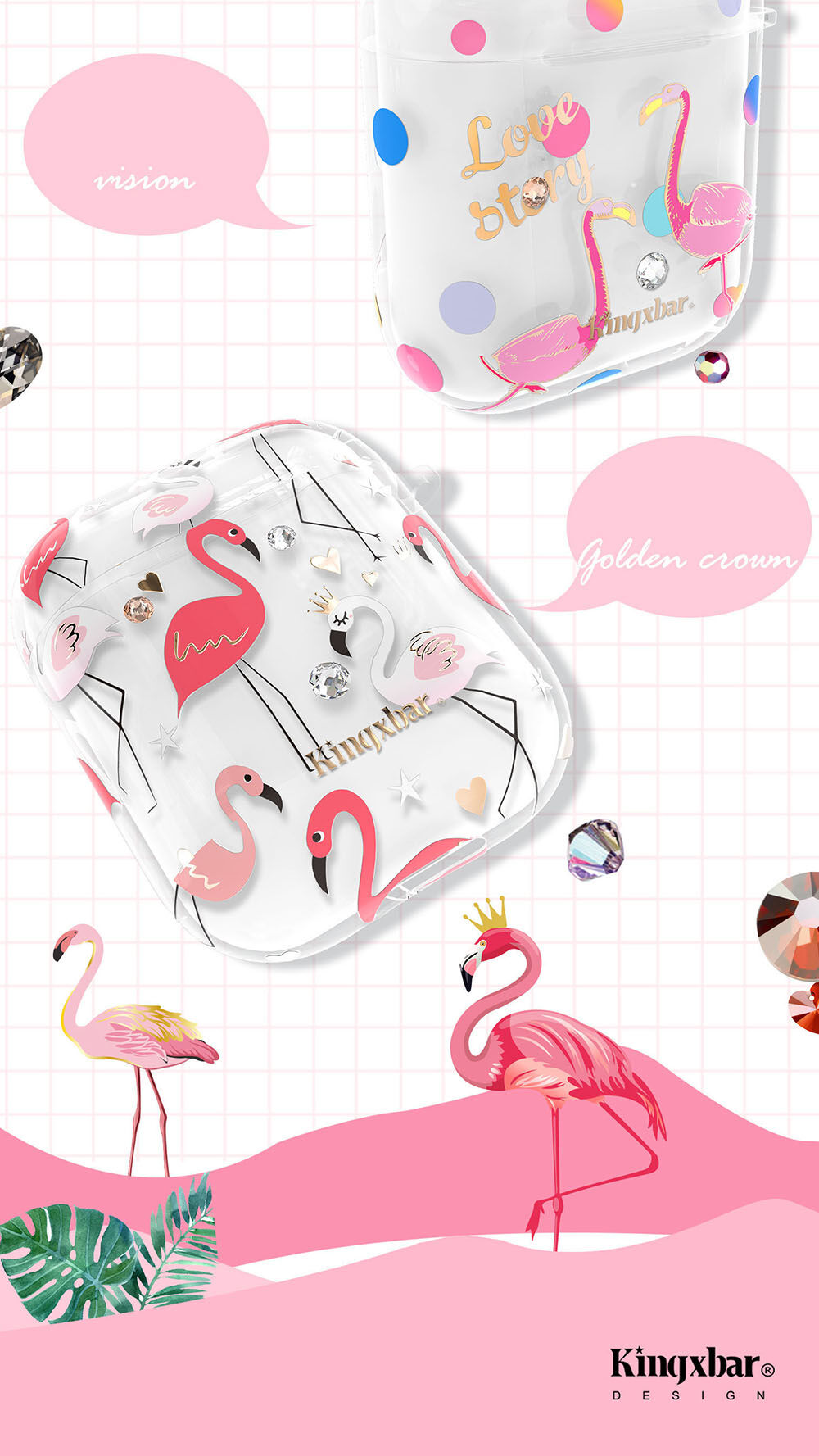 Kingxbar heldere cover met strass steentjes AirPods 1 / 2 - kleurrijke flamingo's
