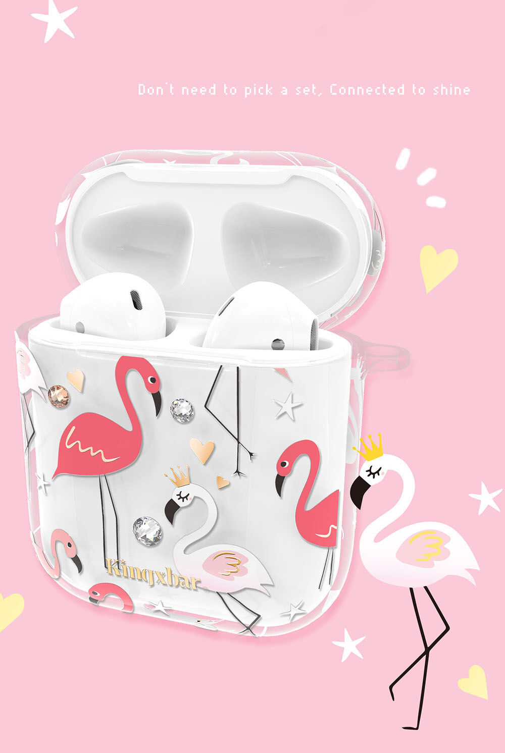 Kingxbar heldere cover met strass steentjes AirPods 1 / 2 - kleurrijke flamingo's
