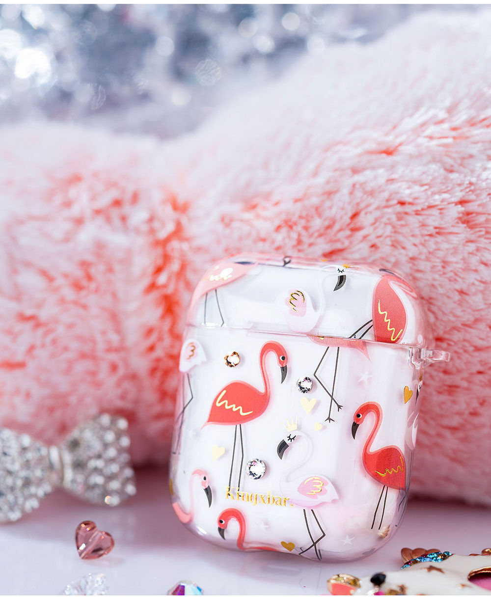 Kingxbar heldere cover met strass steentjes AirPods 1 / 2 - rimpelingen en flamingo's