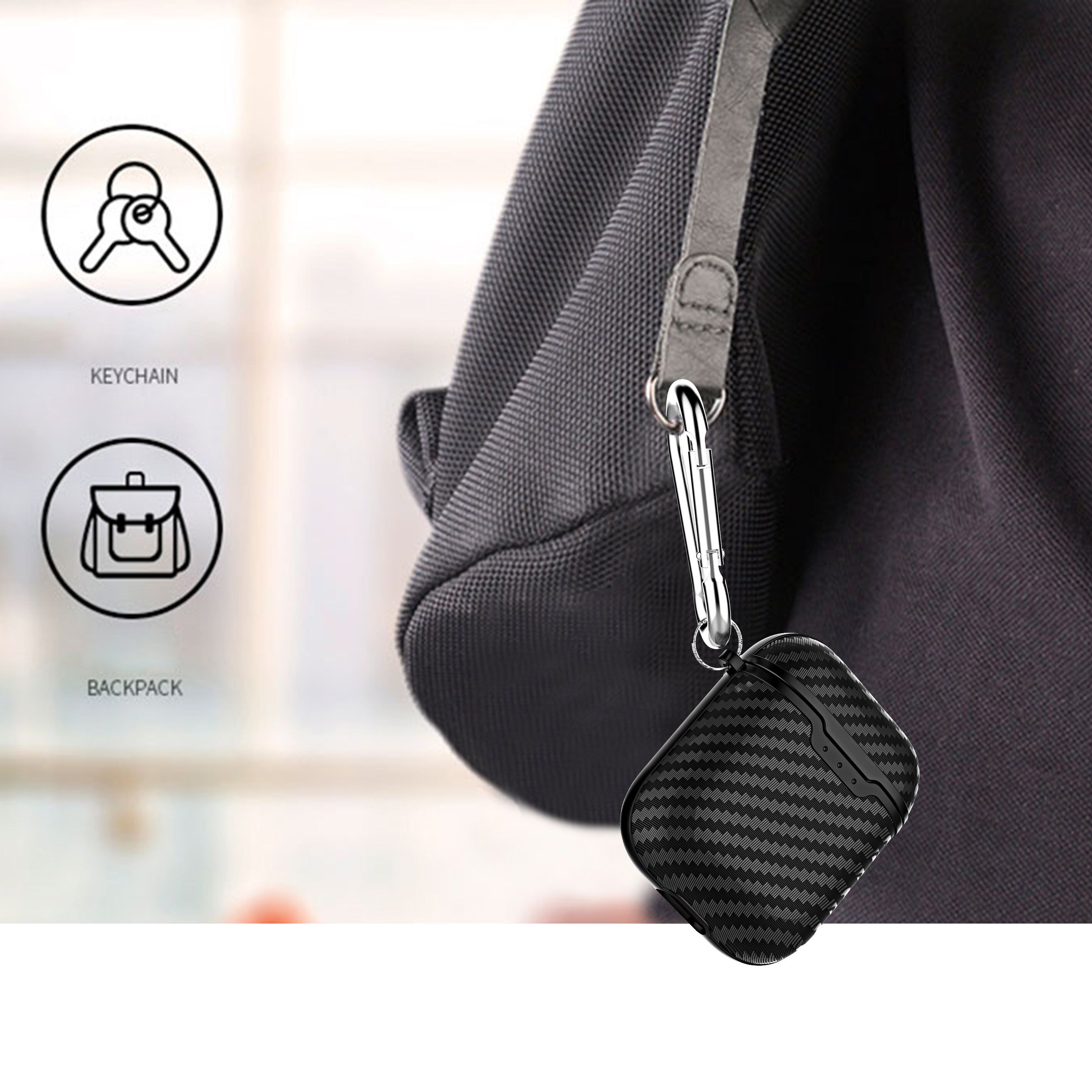 Karabijnhaak met koolstofvezelstructuur voor AirPods 1 / 2 - zwart