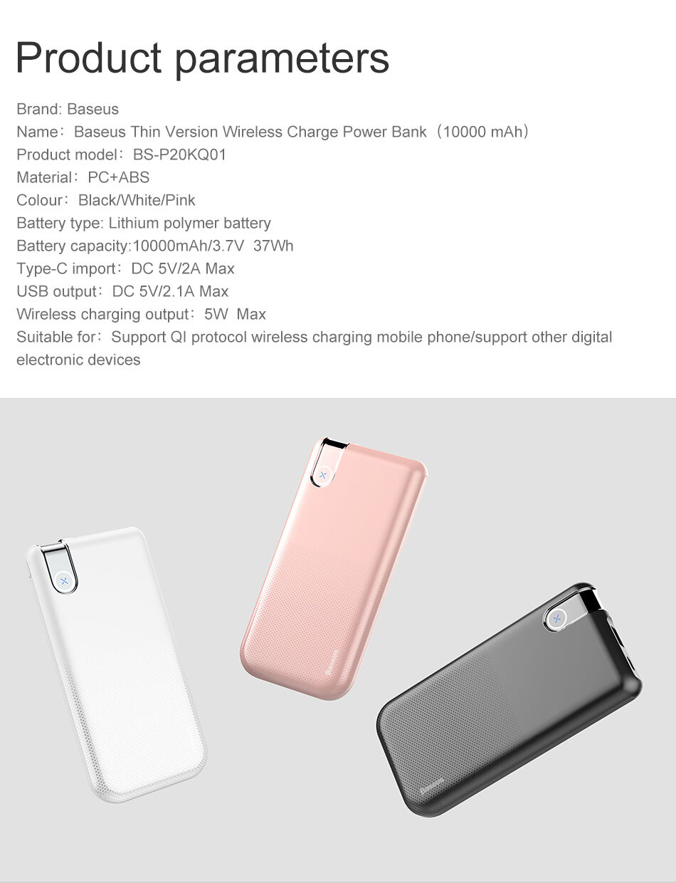 BASEUS Power Bank 10000mAh met draadloos opladen - zwart