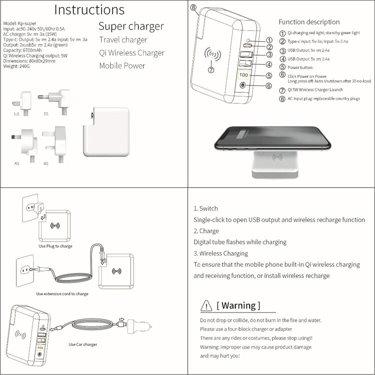 6700mAh lader / Power Bank met vervangbare stekkers (AU / UK / US / EU) en draadloos opladen