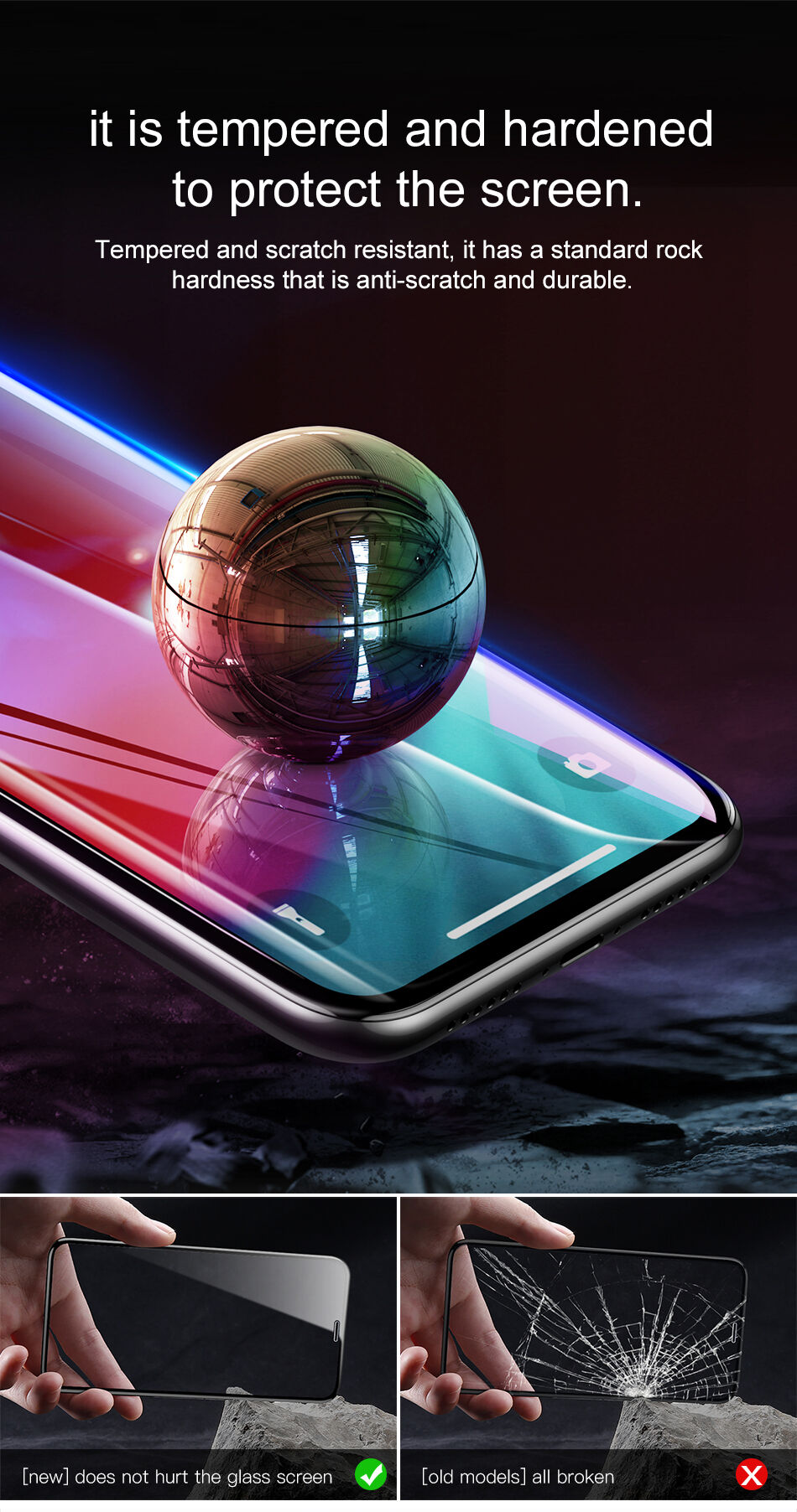 BASEUS gehard glas met afgeronde rand voor iPhone XS Max. - zwart