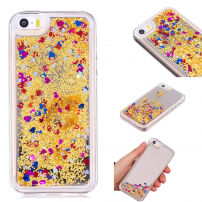 Beschermhoes met zwevende pailletten voor Apple iPhone SE (2016) / 5S - goud met kleurrijke harten