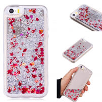 Beschermhoes met zwevende pailletten voor Apple iPhone SE (2016) / 5S - zilver met rode harten