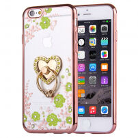 Luxe hoes met gouden hartje en houder met stenen voor Apple iPhone 6 Plus - groene bloemen