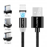 FLOVEME Ronde Magnetische Kabel USB-A / USB-C / Micro USB / Lightning voor iPhone / iPad / iPod / AirPods - 1 m - zwart