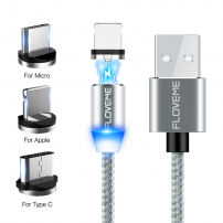 FLOVEME Ronde Magnetische Kabel USB-A / USB-C / Micro USB / Lightning voor iPhone / iPad / iPod / AirPods - 1 m - zilver